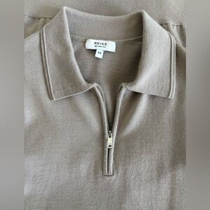 Reiss Shirt Mens SX Polo 1/4 Zip Tan Short Sleeve Knit 100% Merino Wool